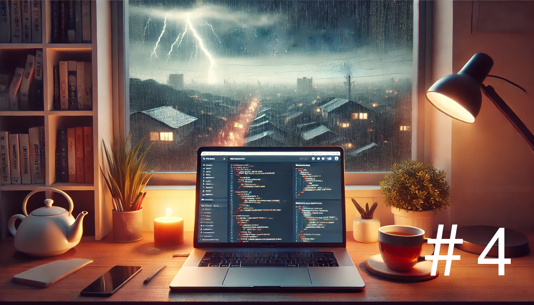台風の夜、雷が鳴る中でProgateのHTMLとCSSの学習に集中する室内シーン。MacBookと温かい飲み物、穏やかな光がアクセント